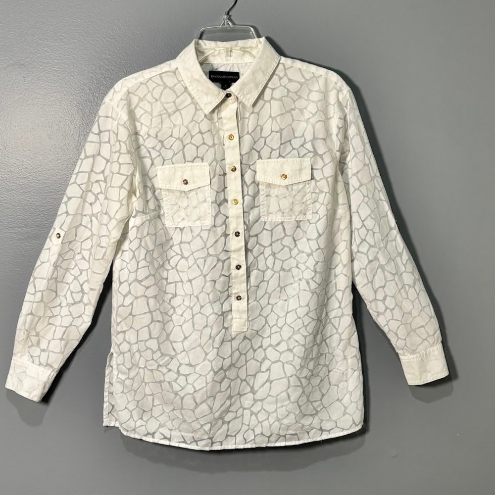 Dana Buchman Blouse Wmns S White Burnout Giraffe Animal Print Roll Tab Chic Top